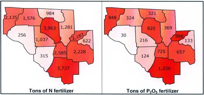 Nitrogen fertilizer consumption by county fell into four groups (Fig. 13): Suwannee and Levy consumed more than 3,700 tons of N per year.