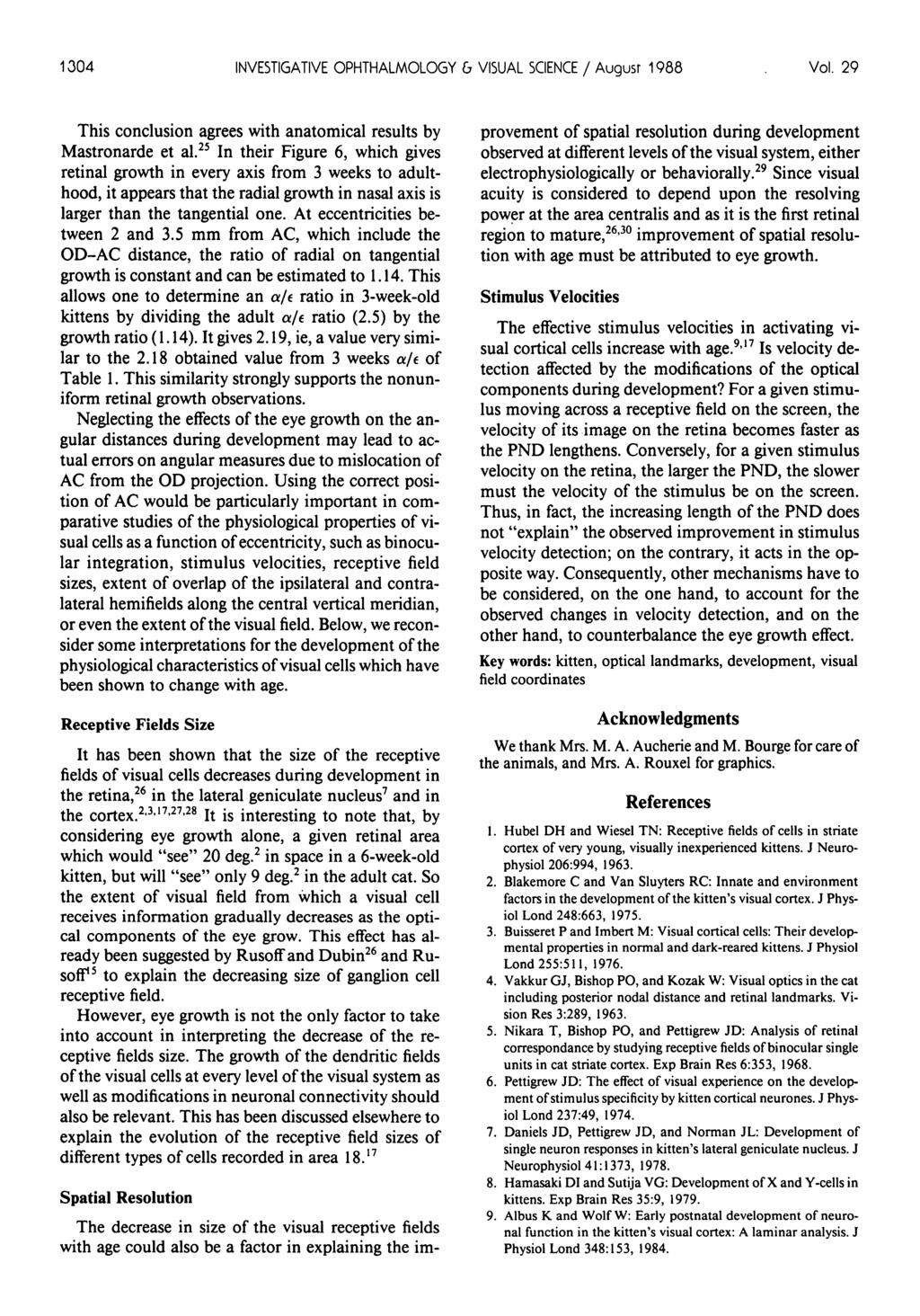 1304 INVESTIGATIVE OPHTHALMOLOGY 6 VISUAL SCIENCE / August 1988 Vol. 29 This conclusion agrees with anatomical results by Mastronarde et al.