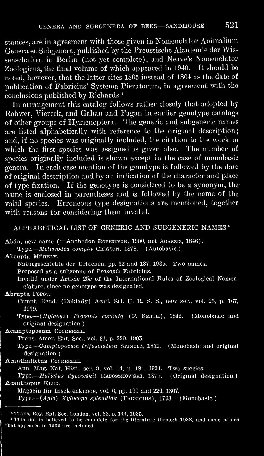 The generic and subgeneric names are listed alpliabetically with reference to the original description; and, if no species was originally included, the citation to the work in which the first species