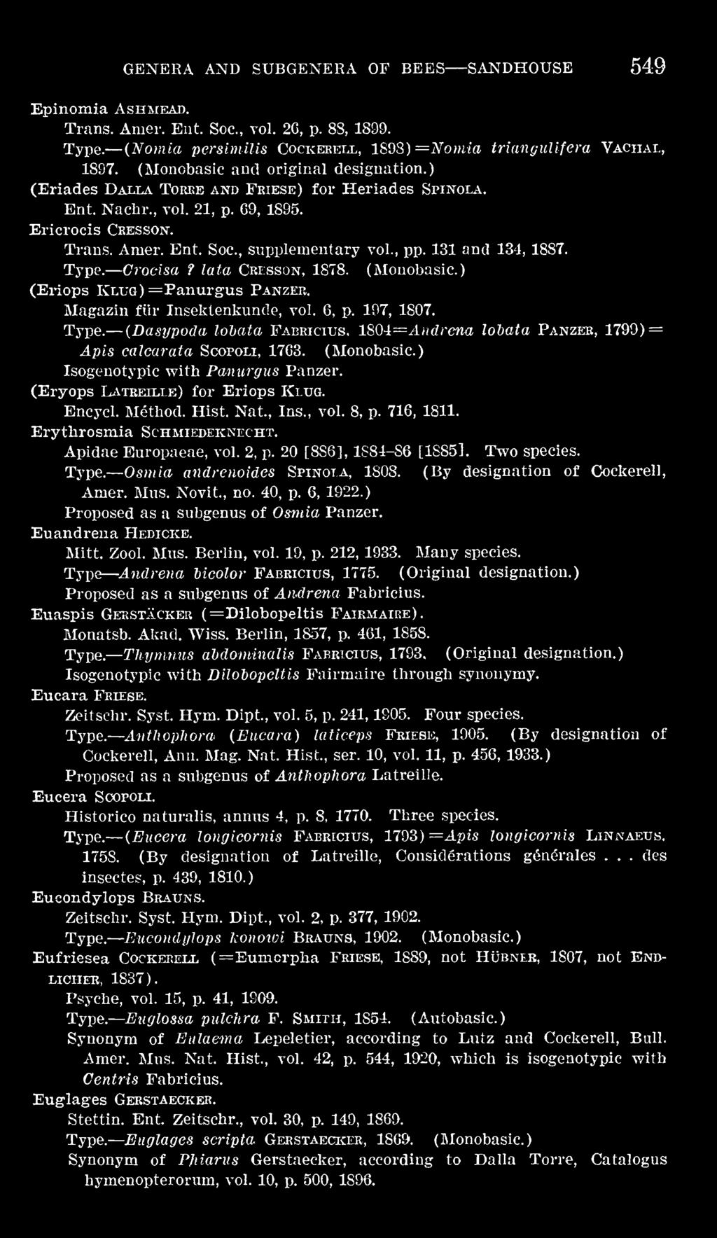 Nat., Ins., vol. 8, p. 716, 1811. Erythrosmia Schmikdeknecht. Apidae Europaeae, vol. 2, p. 20 [886], 1884-86 [1885]. Two species. Osmia andrenoides Spinota, 1808. (By designation of Ockerell, Amer.