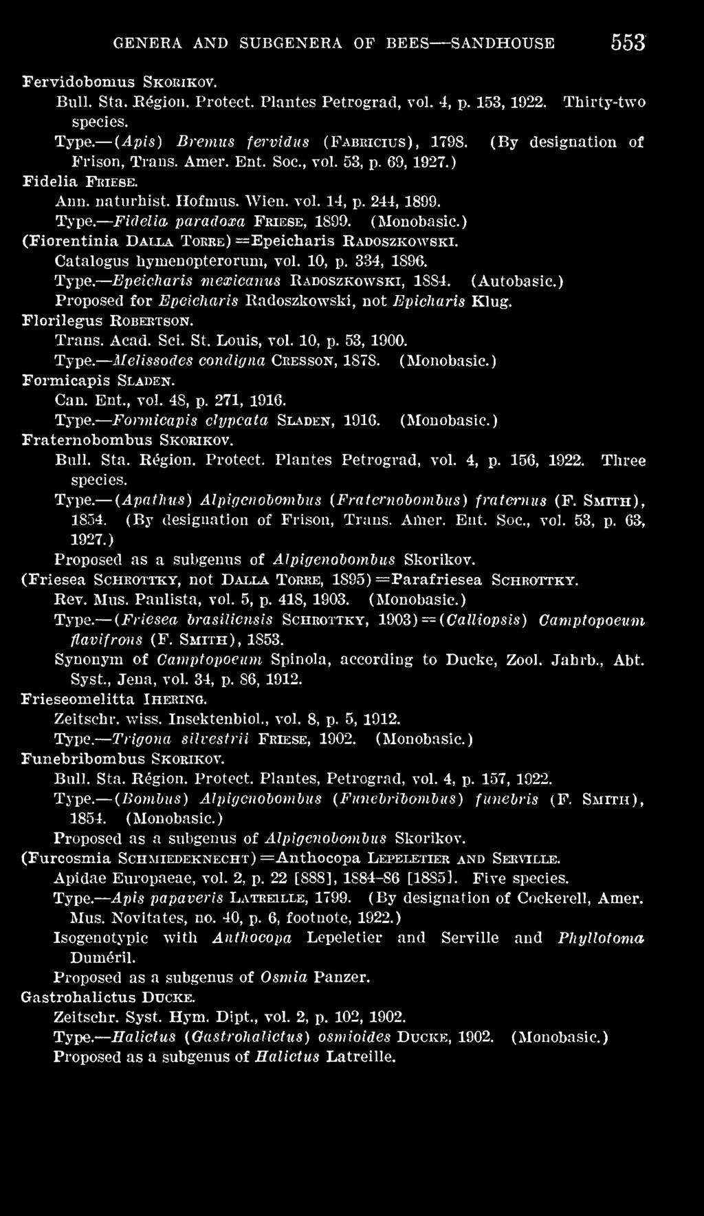 ) Can. Ent., vol. 48, p. 271, 1916. Formicapis clypeata Sladen, 1916. (Monobasic.) Fraternobombus Skorikov. Bull. Sta. Region. Protect. Plantes Petrograd, vol. 4, p. 156, 1922. Three species.