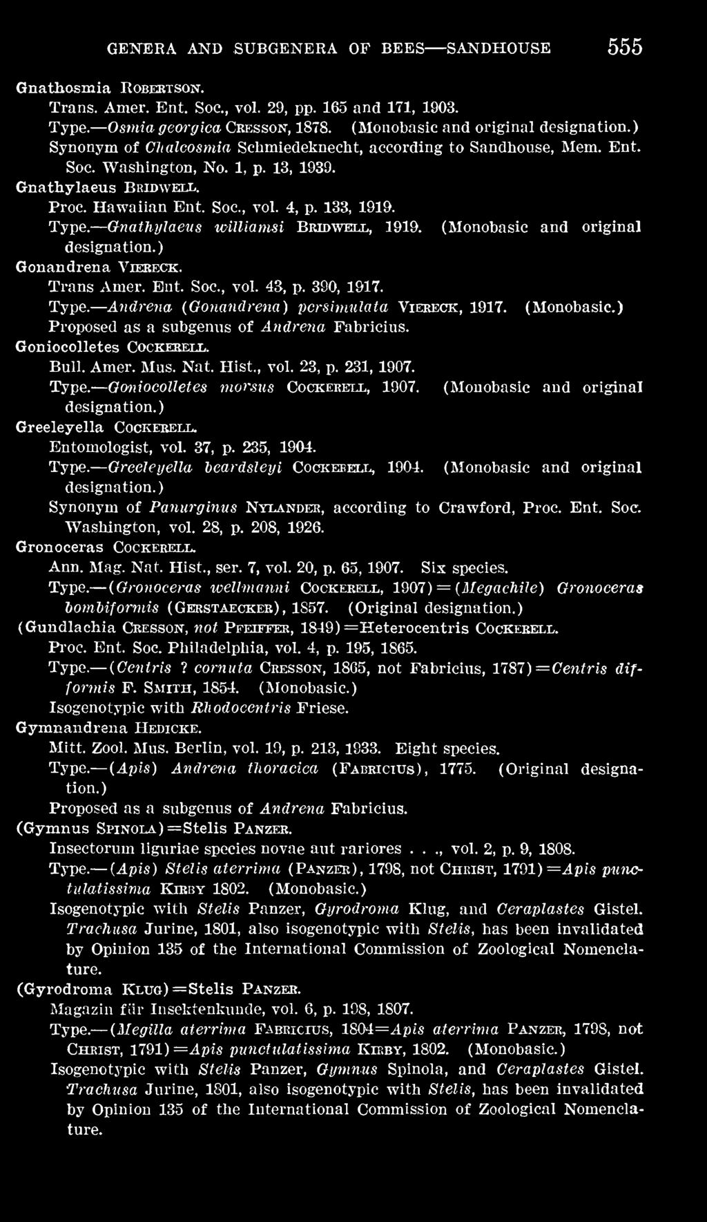 133, 1919. Gnathylaeus wiuiamsi 'Bvudwesjl,, 1919. (Monobasic and original Gonandrena Viereck. Trans Amer. Ent. Soc., vol. 43, p. 390, 1917. Andrena {Gonandrena) persimulata Viereck, 1917. (Monobasic.) Proposed as a subgenus of Andrena Fabricius.