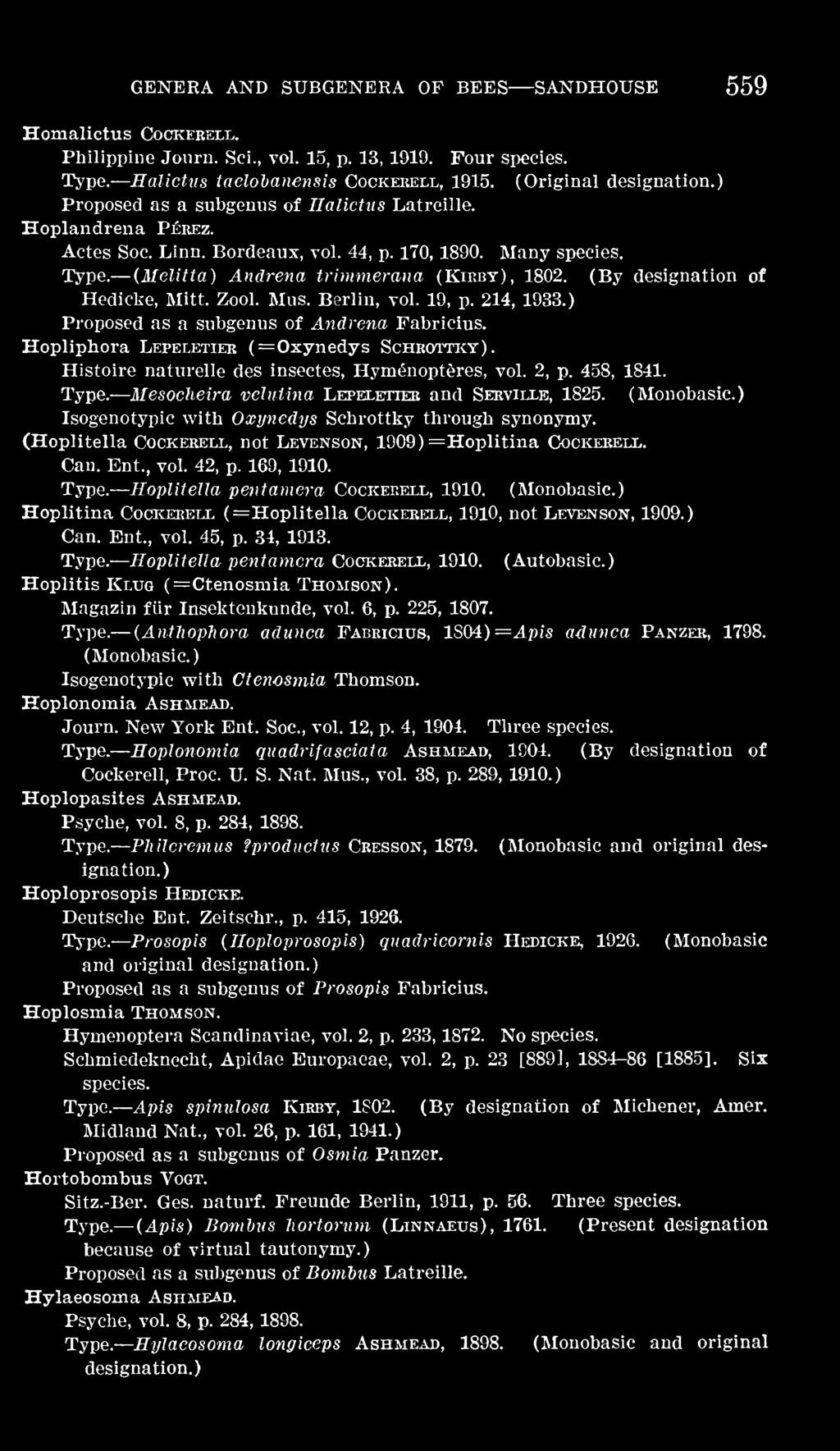 (By designation of Hedicke, Mitt. Zool. Mus. Berlin, vol. 19, p. 214, 1933.) Proposed as a subgenus of Andrena Fabricius. Hopliphora Lepeletieb (=OxyTiedys Scheottict).