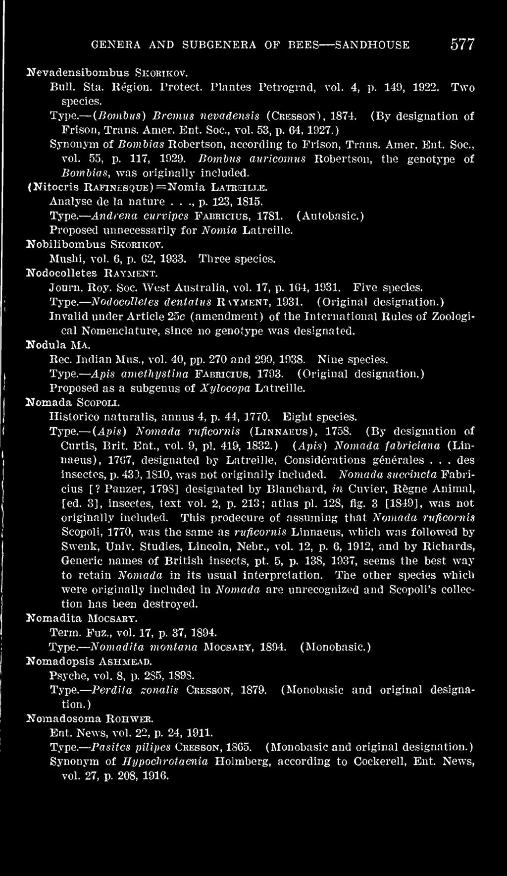 Bombics auricomus Robertson, the genotype of Bombias, was originally included. (Nitocris RAFiNESQUE)=Nomia Latrfjlle. Analyse de la nature..., p. 123, 1815. Andrena curvipes Fabricius, 1781.