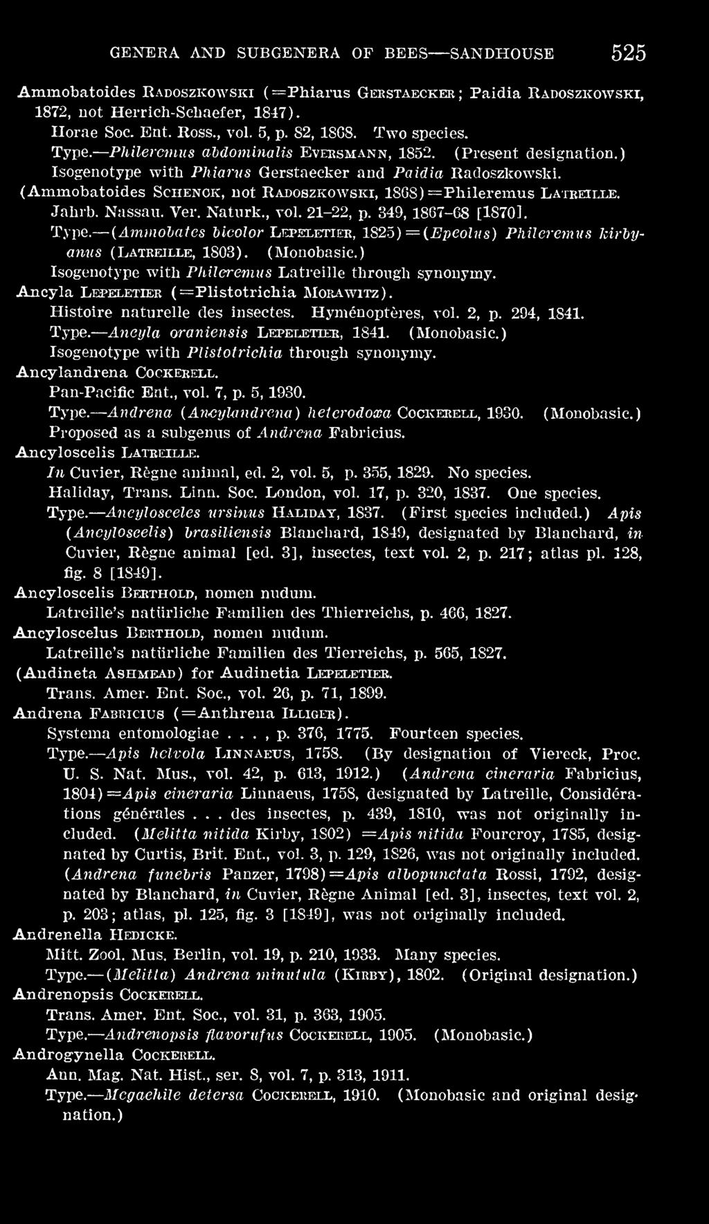 eteee, 1841. (Monobasic.) Isogenotype with Plistotrichia through synonymy. Ancylandrena Cockeeell. Pan-Pacific Ent., vol. 7, p. 5, 1930. Andrena (Ancylandrena) 7ie^ero(?oa?a Cockerell, 1930.