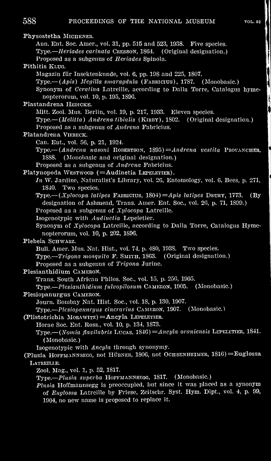 (Atidrena nasoni RoBBaiTSON, 1895) =Andrefta vestita Provancheb, 1888. (Monobasic and original Proposed as a subgenus of A?idrcna Fabricius. Platynopoda Westwood (^Audinetia Leteletieb). In W.