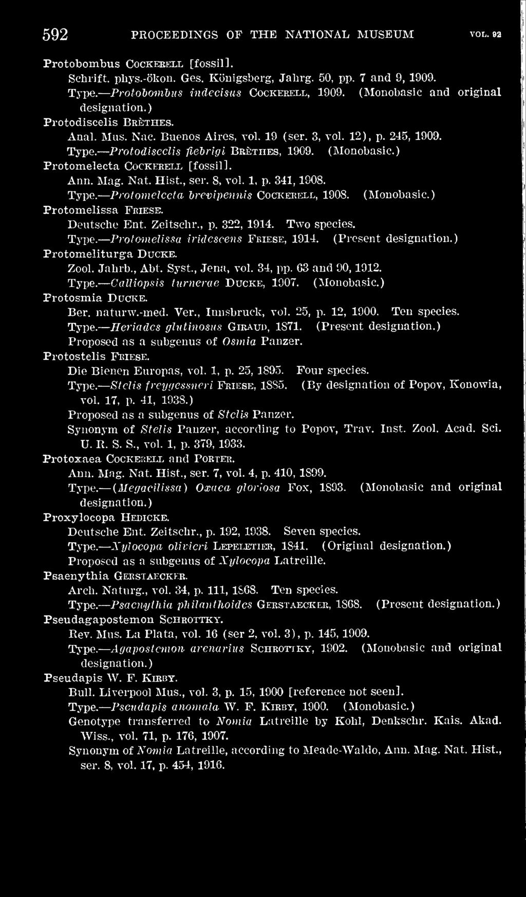 ) Protosmia Ducice. Ber. naturw.-med. Ver., Innsbruck, vol. 25, p. 12, 1900. Ten species. Heriades glutinosns Girauu, 1871. (Present Proposed as a subgenus of Osmia Panzer. Protostelis Feiese.