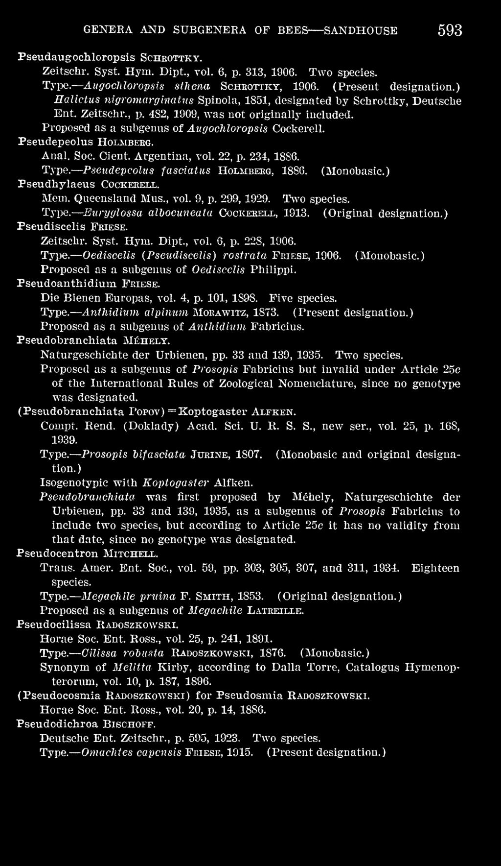 Pseudepeolus Holmbebg. Anal. Soc. Cient. Argentina, vol. 22, p. 234, 1886. Pseudepeolus faseiatus Holmbhcg, 1886. (Monobasic.) Pseudhylaeus Cockebeul. Mem. Queensland Mus., vol. 9, p. 299, 1929.