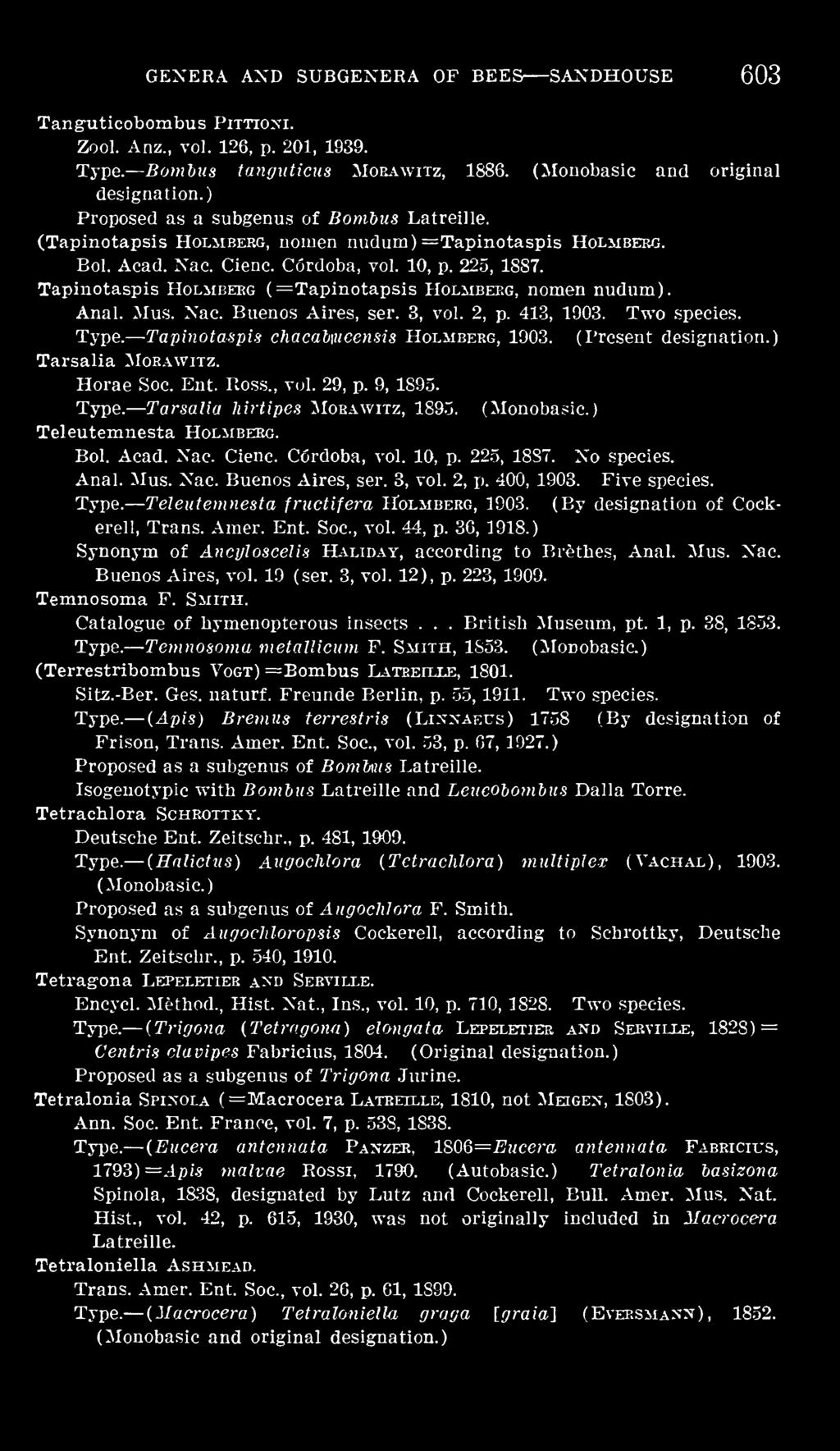 225, 1887. No species. Anal. Mus. Nac. Buenos Aires, ser. 3, vol. 2, p. 400, 1903. Five species. Teleutemnesta fructifera Holmbeeg, 1903. (By designation of Cockerell. Trans. Amer. Ent. Soc, vol.