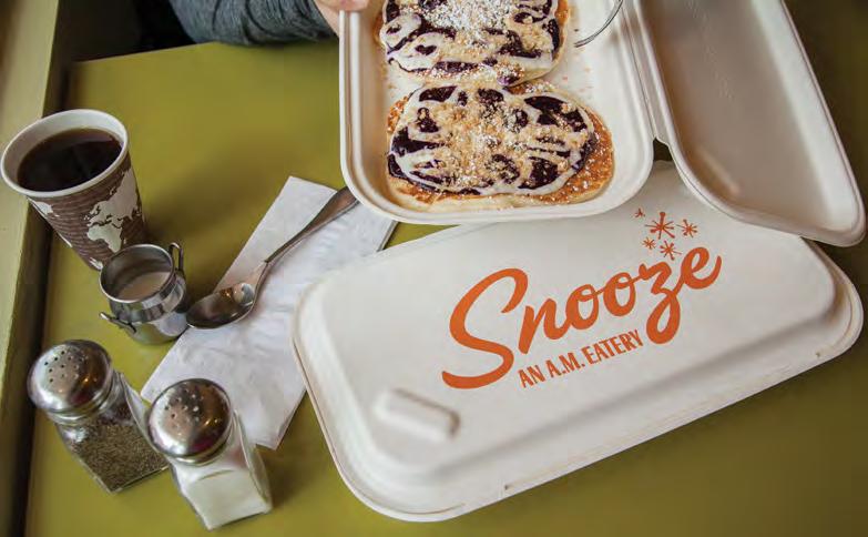 Snooze needed a product for their take-out pancake flights. A flatbread pizza clamshell with a couple of tweaks did the trick - pancakes stay crisp and don t get mushy in transit.