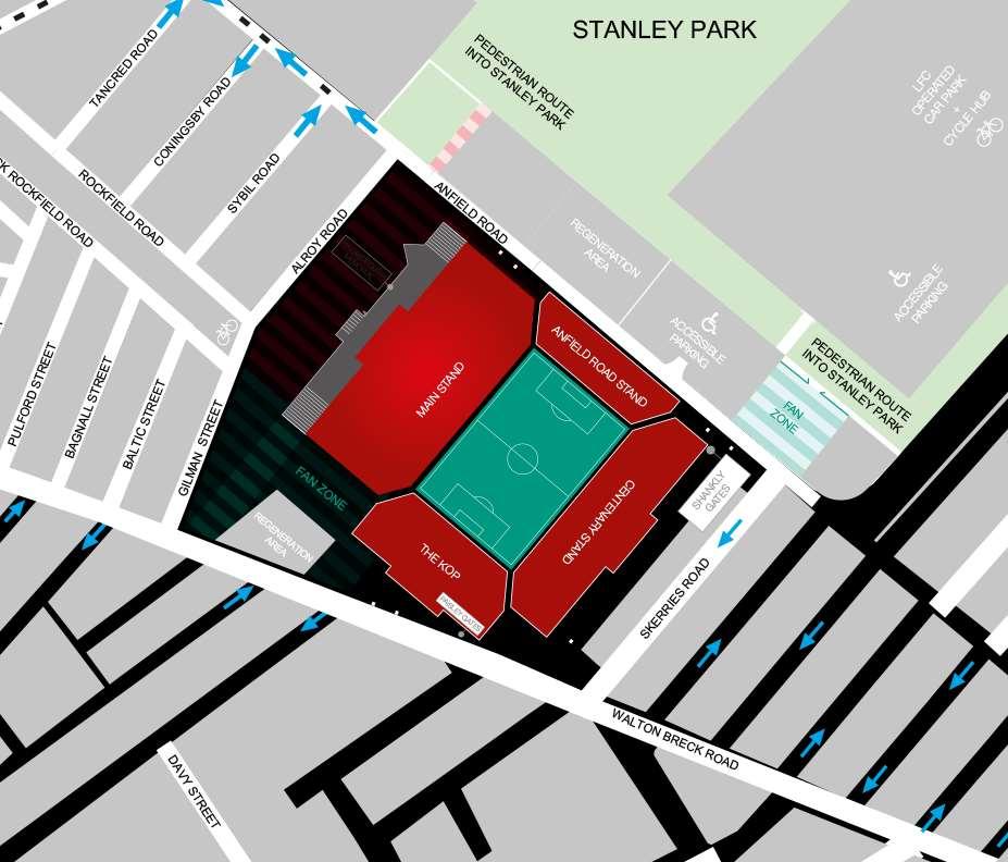 Getting to Anfield If you are visiting Anfield on a non matchday, you can park in our secure car park in the Kenny Dalglish Stand. The main entrance is on Walton Breck Road.