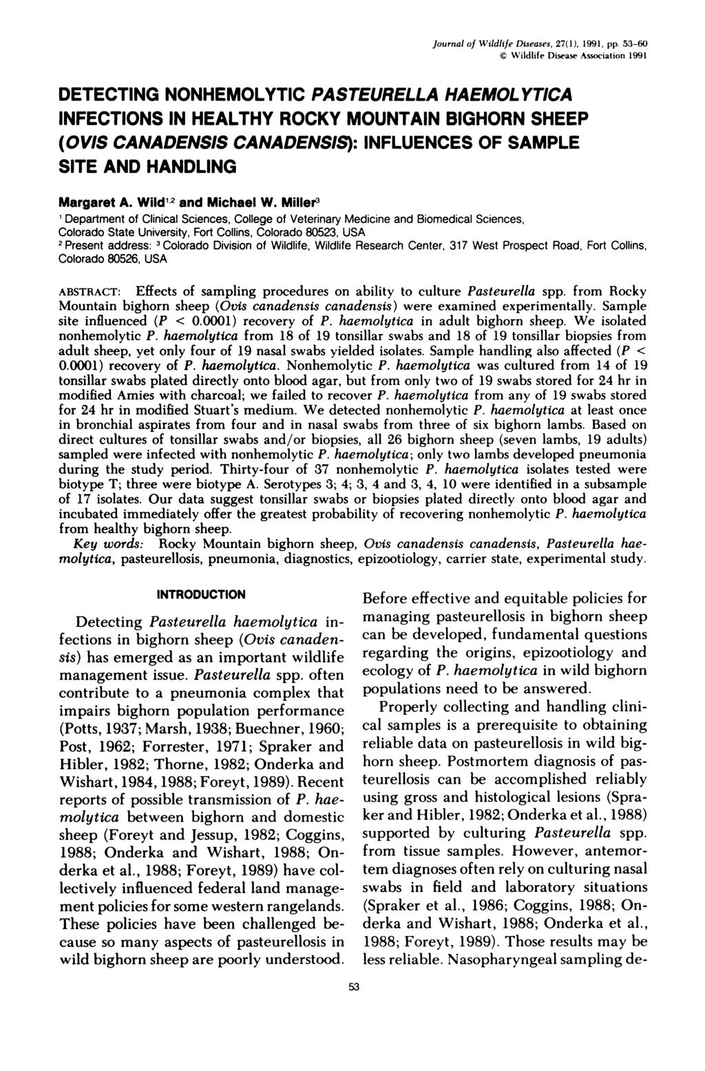 Journal of Wildlife Diseases, 27(1), 1991, pp.