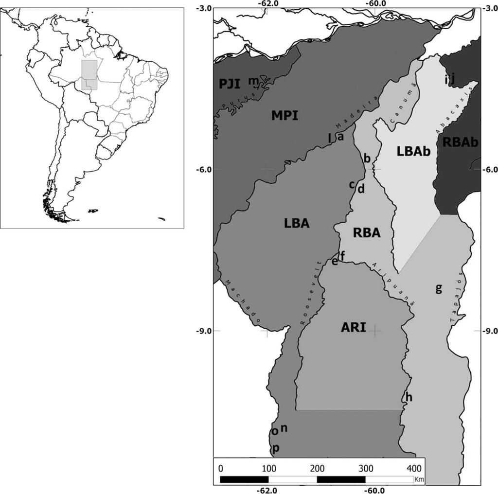 512 S. M. SOUZA ET AL. FIG. 1. Localities included in the analysis (small caps) and hypothesized groups based on main rivers (all caps). Gray scale refers to geographic extension of groups.