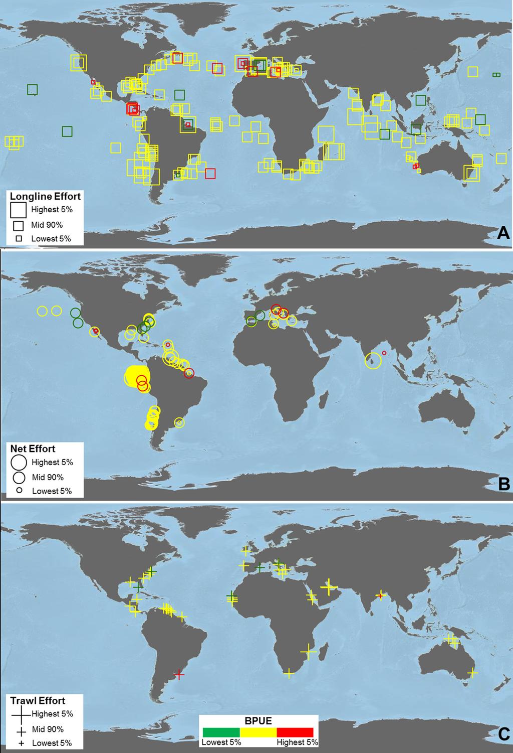 WALLACE ET AL. Fig. 1. Global distributions of sea turtle bycatch records for longlines (squares, A), nets (circles, B), and trawls (crosses, C) from 1990 to 2011.