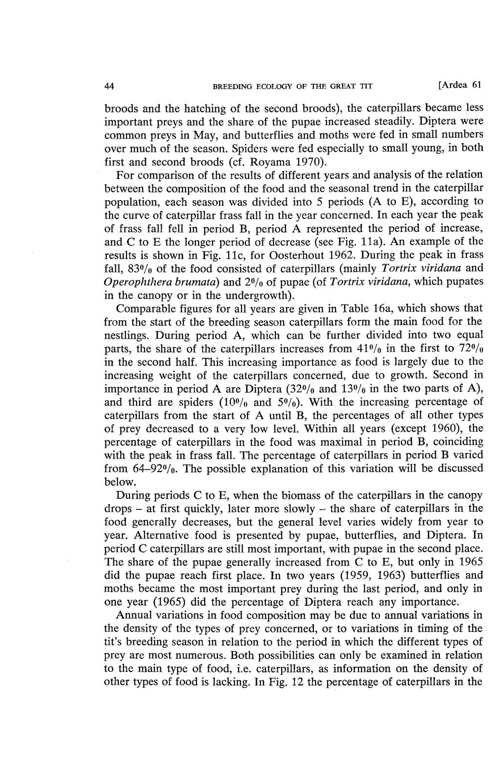 44 BREEDING ECOLOGY OF THE GREAT TIT [Ardea 61 broods and the hatching of the second broods), the caterpillars became less important preys and the share of the pupae increased steadily.