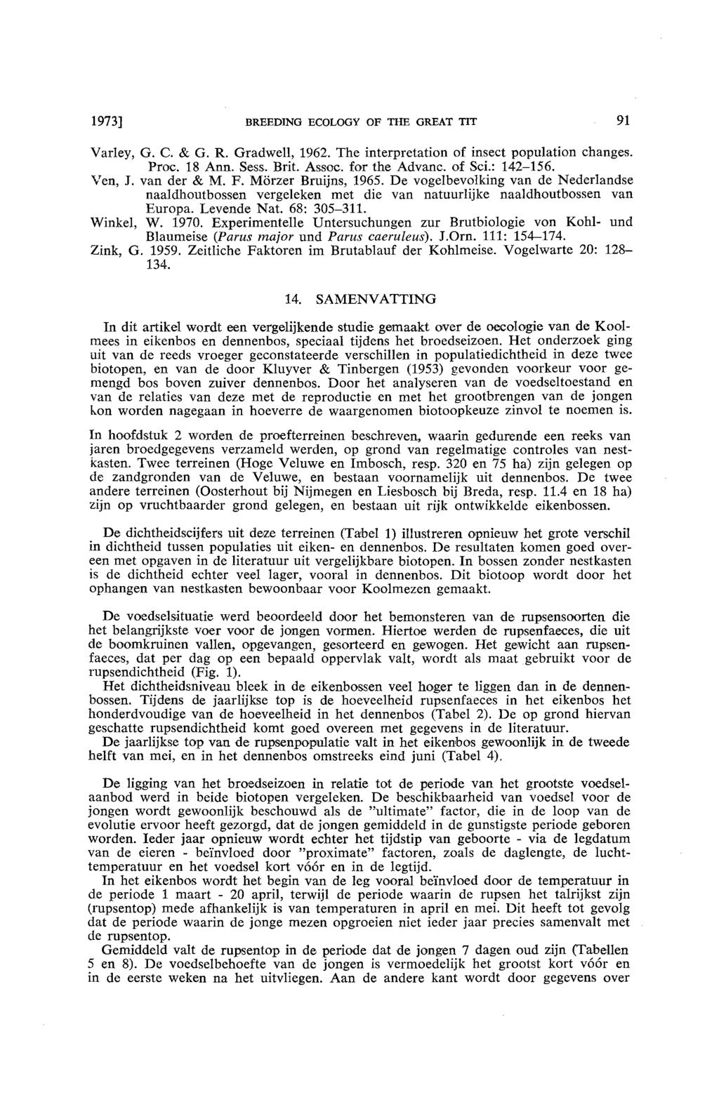 1973] BREEDING ECOLOGY OF THE GREAT TIT 91 Varley, G. C. & G. R. Gradwell, 1962. The interpretation of insect population changes. Proc. 18 Ann. Sess. Brit. Assoc. for the Advanc. of Sci.: 142-156.