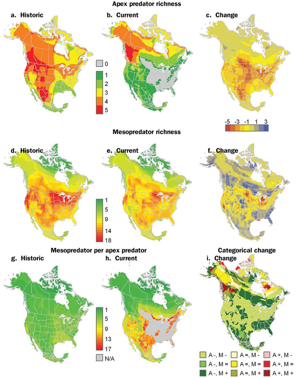 Figure 3. Distributional changes of mammalian carnivores in North America. The 7 apex predator species and 26 mesopredator species used to create the maps are listed in table 1.
