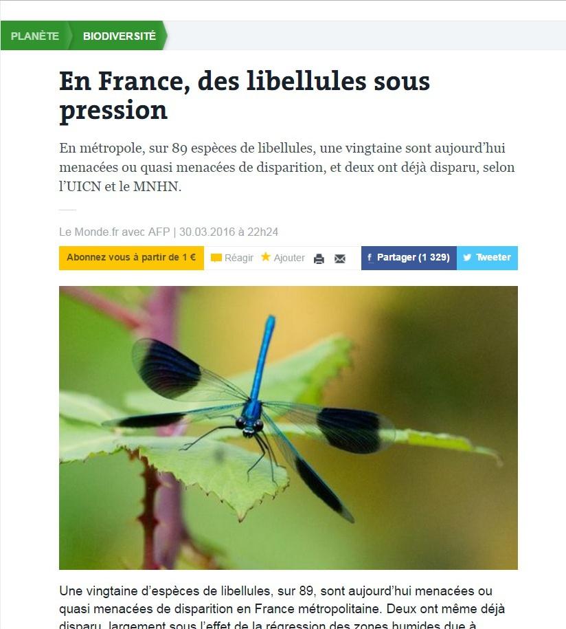 Journal Le Monde March 2016 Out of 89 dragonfly species,