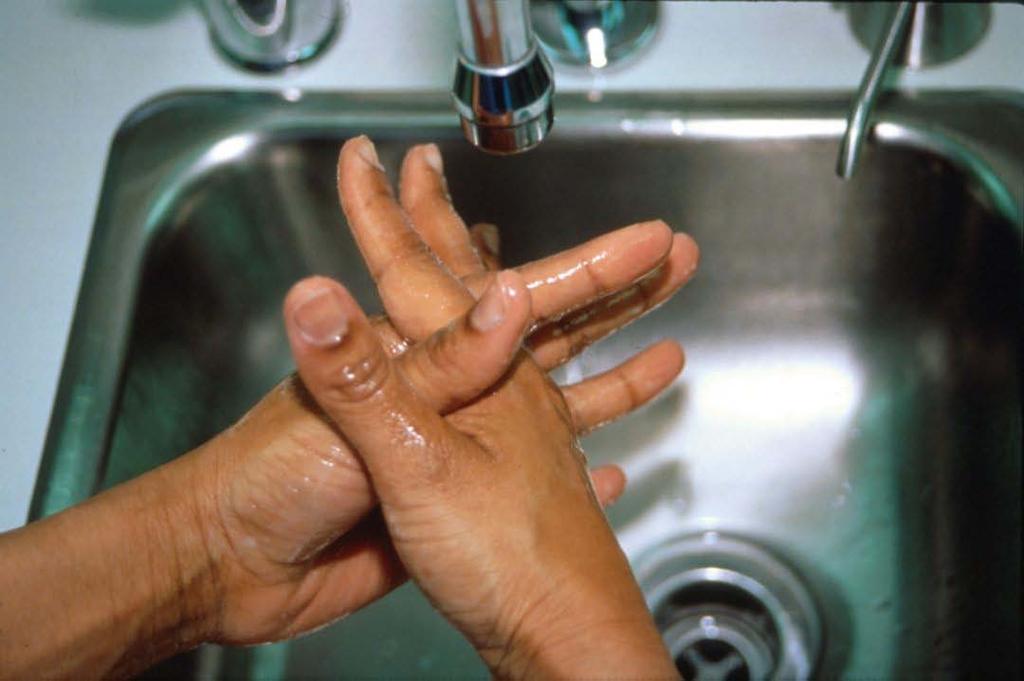 16. Wash all surface of your hands thoroughly; lace your fingers and thumbs together and rub