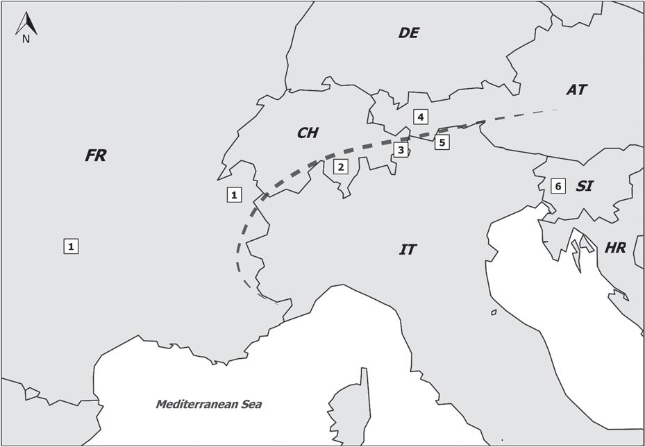 Diogo Guerra and others 2 Fig. 1. Distribution of the most southern infections by Echinococcus multilocularis in foxes from the Alps and adjacent regions.