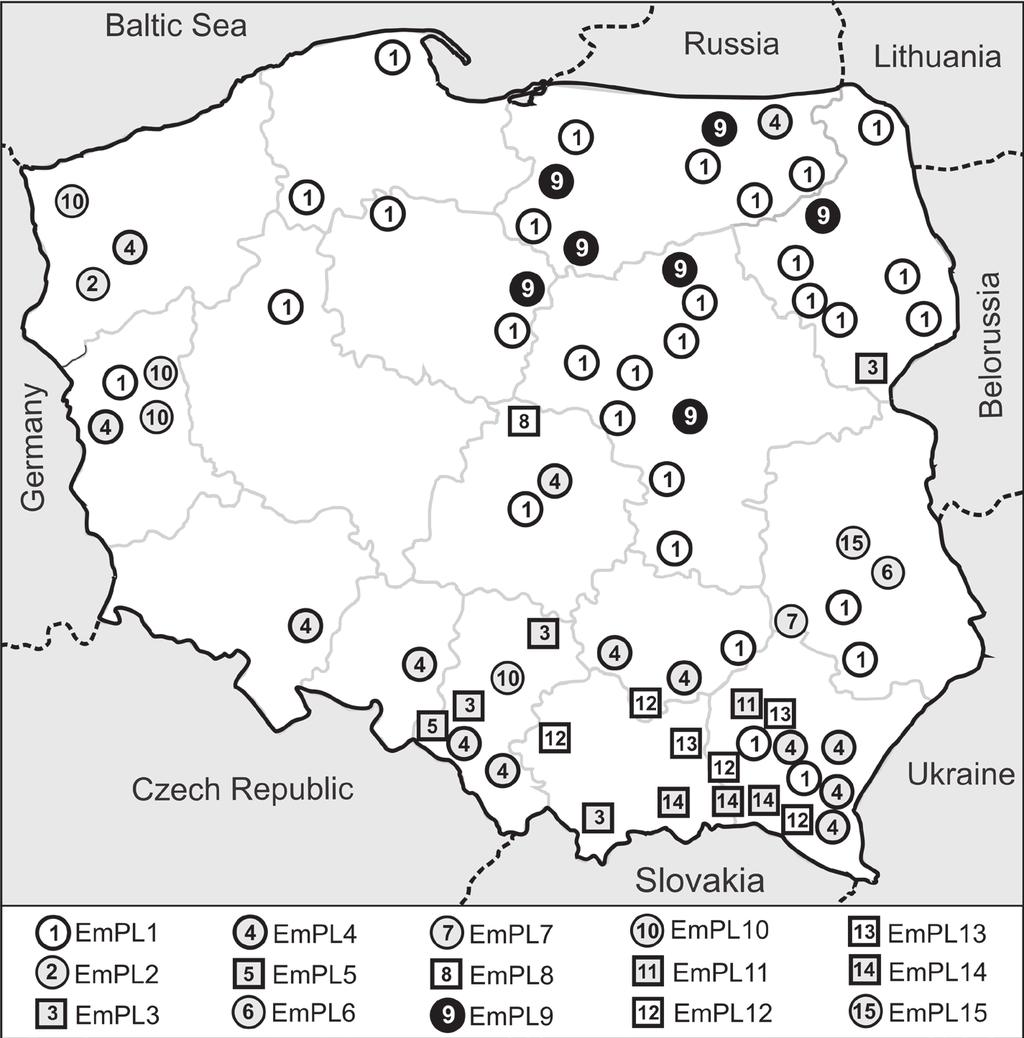 Fig. 4. Geographic distribution of Echinococcus multilocularis Leuckart, 1863 haplotypes in Poland. Numbers on the map (1 15) correspond to the respective haplotypes (EmPL1 EmPL15).