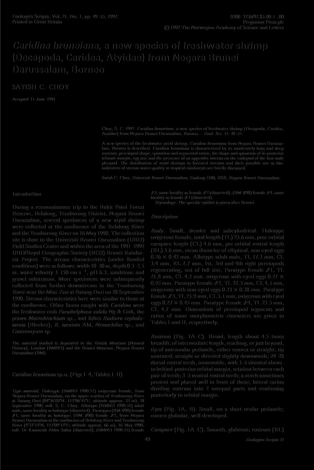 Zoologica Scripta, Vol. 21, No. 1, pp. 49-55, 1992 Printed in Great Britain 0300-3256/92 $5.00 +.