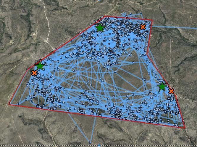 Figure 1. Hourly GPS locations of a dog in the ~2,500 acre pasture during a 60 day period.