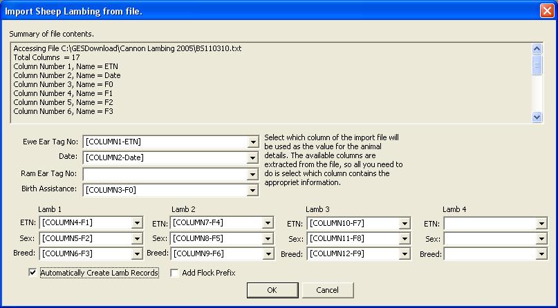 Page 69 The lambing import dialog is then displayed. The column settings are automatically configured, but please check that they look correct.