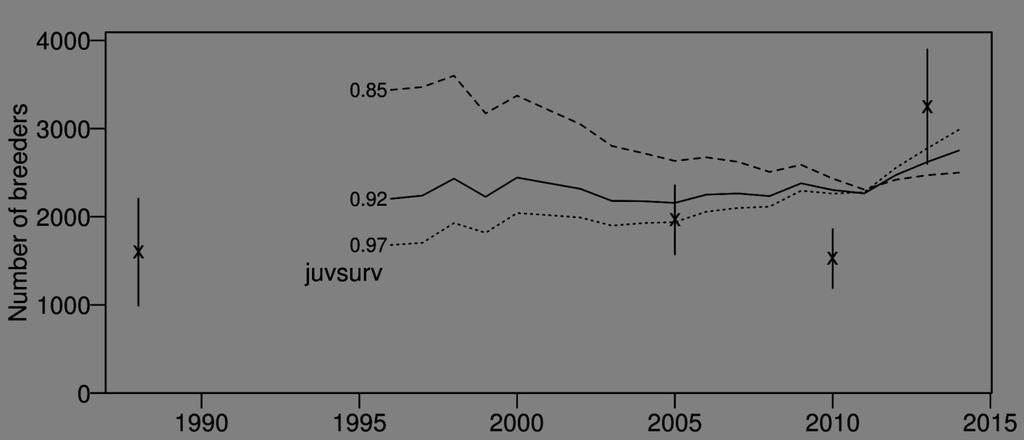 Figure 5: Estimated population trajectories (number of breeders in the study area) for three values of parameter juvsurv (0.85, 0.92, 0.97).
