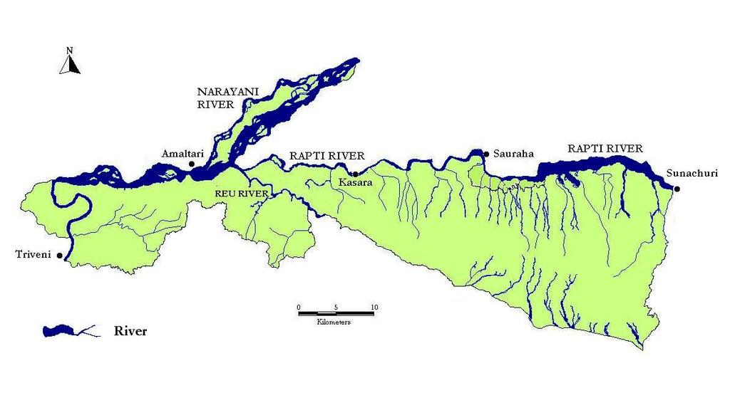 Fig 1. River Systems in Chitwan National Park 4. Materials and Methods A total of ten people (including park technicians, wildlife practitioners and ecologists) were involved in the study team.