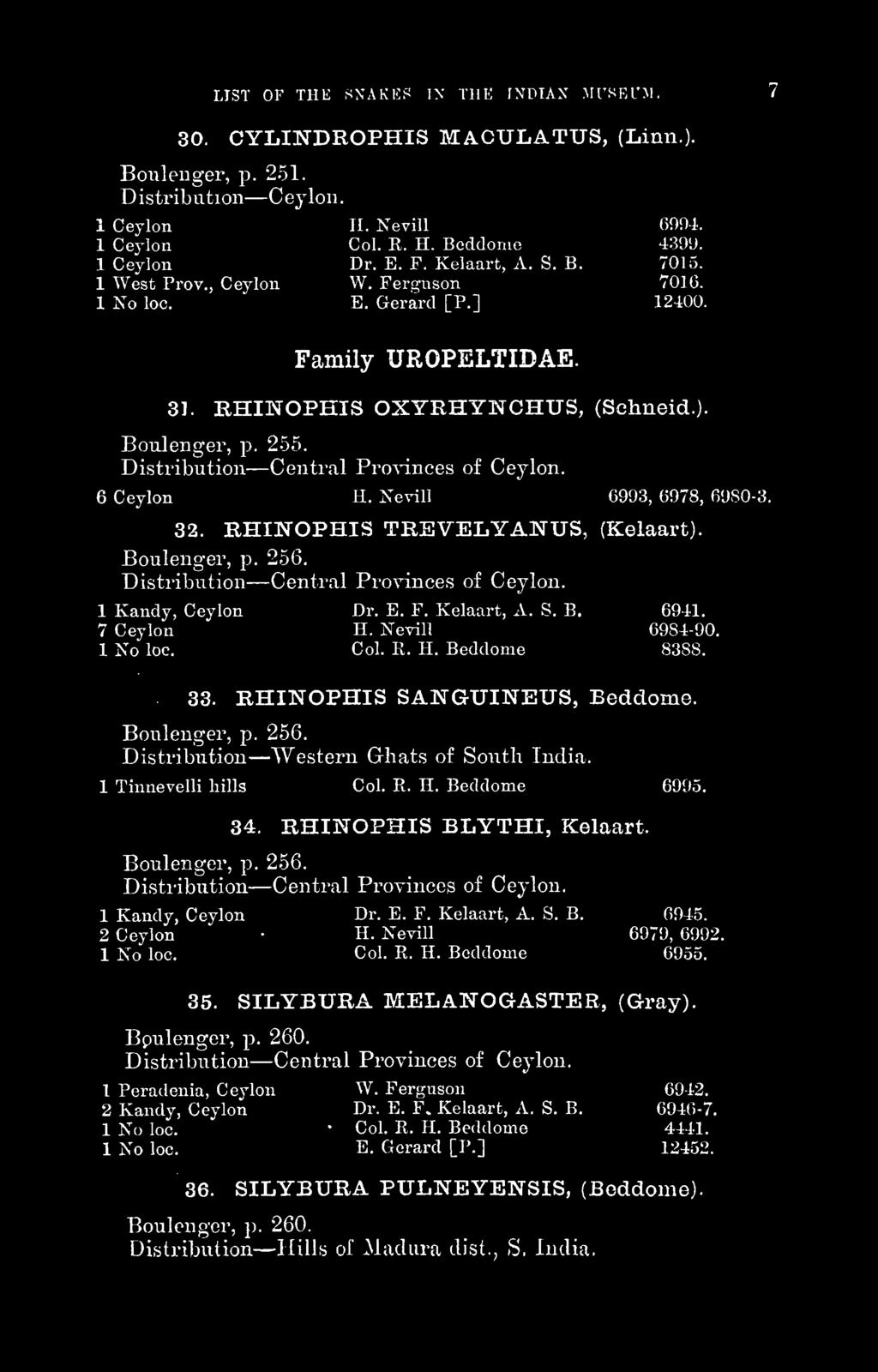 Distribution Central Provinces of Ceylon. 6 Ceylon H. Xevill 6993, 6978, 69S0-3. 32. RHINOPHIS TREVELYANUS, (Kelaart). Boulenger, p. 256. Distribution Central Provinces of Ceylon. 1 Kandy, Ceylon Dr.