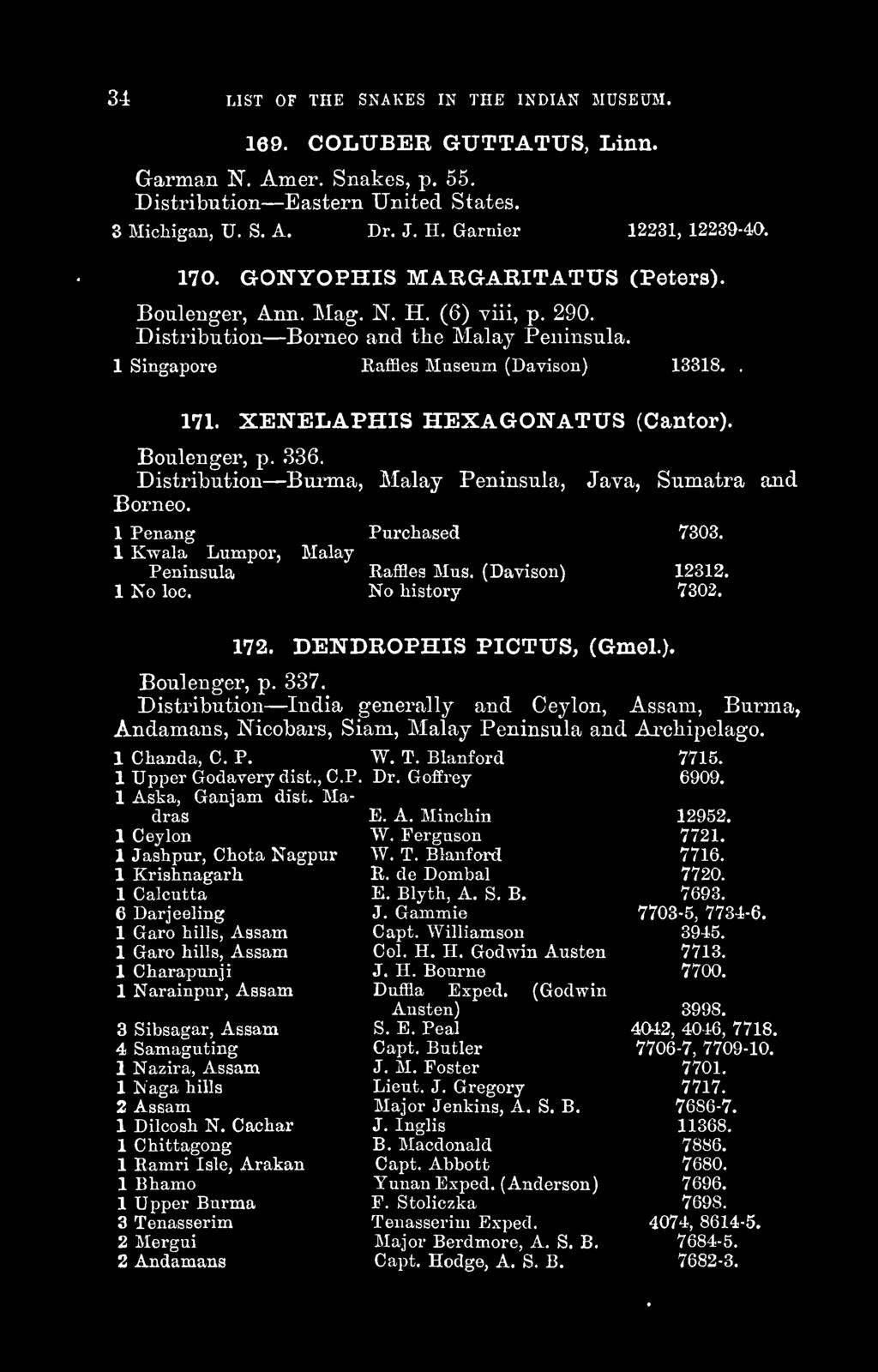 XENELAPHIS HEXAGONATUS (Cantor). Boulenger, p..336. Distribution Burma, Malay Peninsula, Java, Sumatra and Borneo. 1 Penang Purchased 7303. 1 Kwala Lumpor, Malay Peninsula Eaffles Mus.