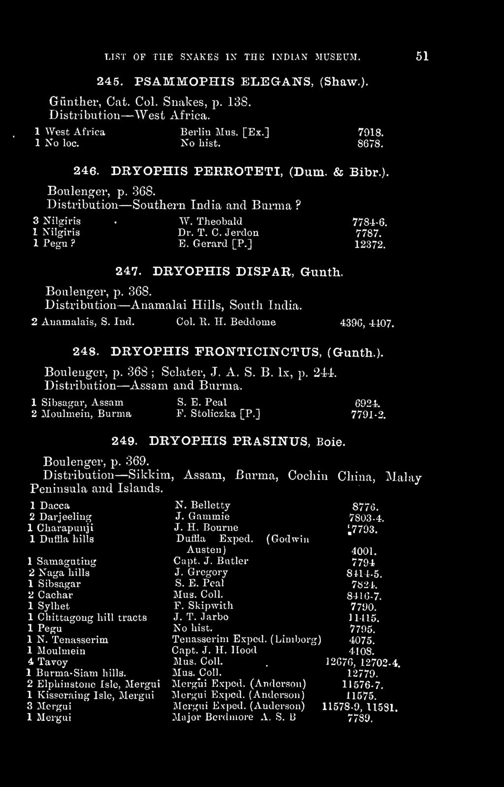 247. DRYOPHIS DISPAR, Gunth. Boalenger, p. 368. Distribution Anamalai Hills, South India. 2 Auamalais, S. Ind. Col. R. H. Beddome 4396, 4407. 248. DRYOPHIS FRONTICINCTUS, (Gunth.). Boulenger, p.