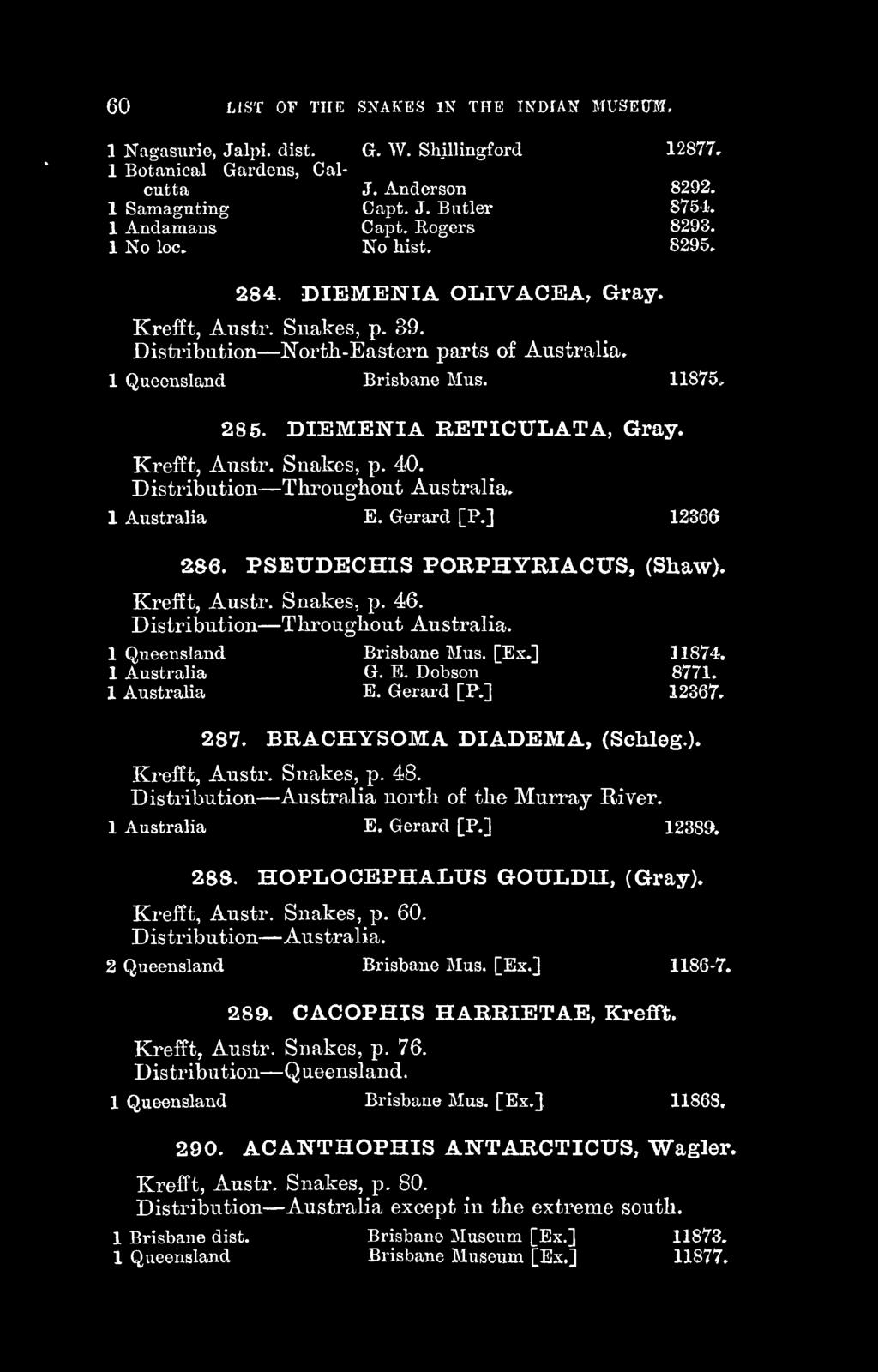 DIEMENIA RETICULATA, Gray. Krefft, Austr. Snakes, p. 40. Distribution Throughout Australia. 1 Australia E. Gerard [P.] 12366 286. PSEUDECHIS POBPHYRIACUS, (Shaw). Krefft, Austr. Snakes, p. 46.