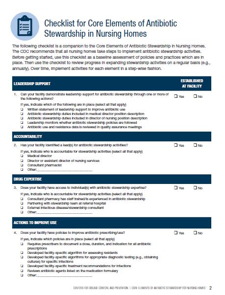 Antibiotic Stewardship: CDC s 7 Core Elements Framework for initiating and/or expanding AS activities Outpatient, Nursing Homes, Hospital (+Small and Critical