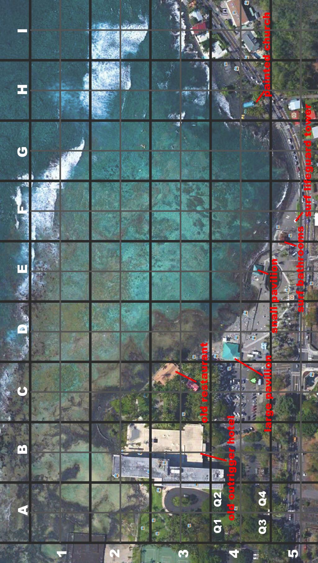 Figure 1: Kahalu u Bay Grid reference given to volunteers to ascertain location of sea turtles. Figure shows the full extent of the study area. 2.