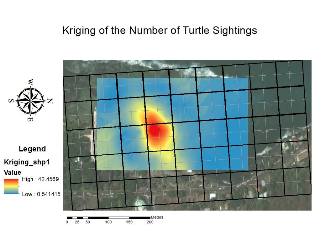 Figure 3: Kriging of the number of turtle sightings When it comes to the coordinate systems for these datasets I decided to use NAD 1983 StatePlane Hawaii 1 FIPS 5101 (Meters) as the projected