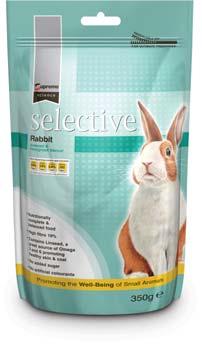 Selective Rabbit is very high in fibre (19%) to aid gut motility and maintain healthy teeth, and linseed which is an excellent source of Omega 3 and 6 for a healthy skin and coat.