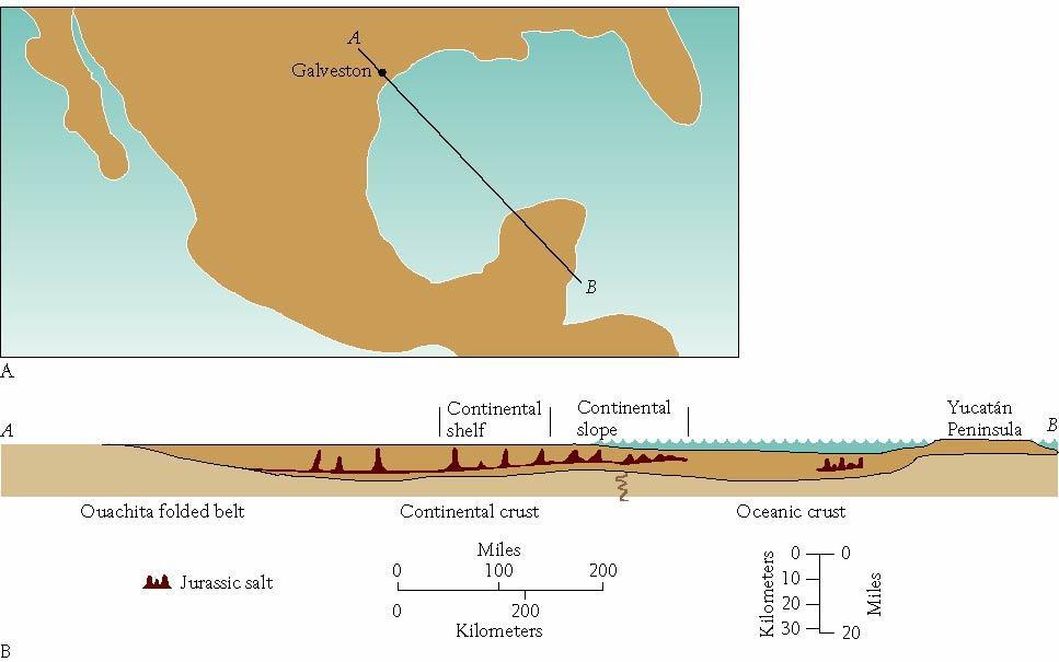 Salt domes Thick evaporites built up in modern Gulf of