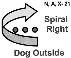Spiral Left indicates that the handler must turn to the left when moving around each pylon or post. This places the dog on the inside of the turns (see 2).