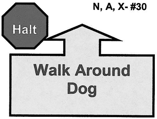 With the dog sitting in heel position, the handler commands and/or signals the dog to heel and immediately moves forward at a fast pace. This must be followed by a normal pace.