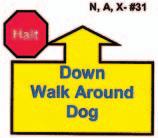 With dog sitting in heel position, the handler commands the dog to down and stay, then proceeds to walk around the dog to the left, returning to heel position.