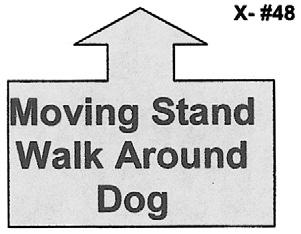 With dog sitting in heel position, the handler will stand the dog (without physical handling or moving forward), then command and/ or signal the dog to down.