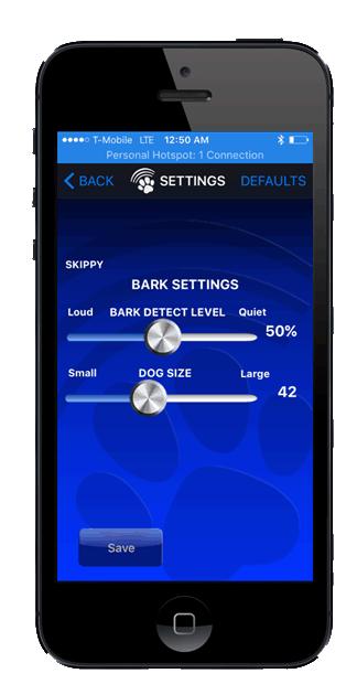 iphone BARK CONTROL SETTINGS BARK SCREEN SETTINGS SCREEN On/ Off Switch SETTINGS link navigates to SETTINGS Screen Returns to BARK Screen Resets