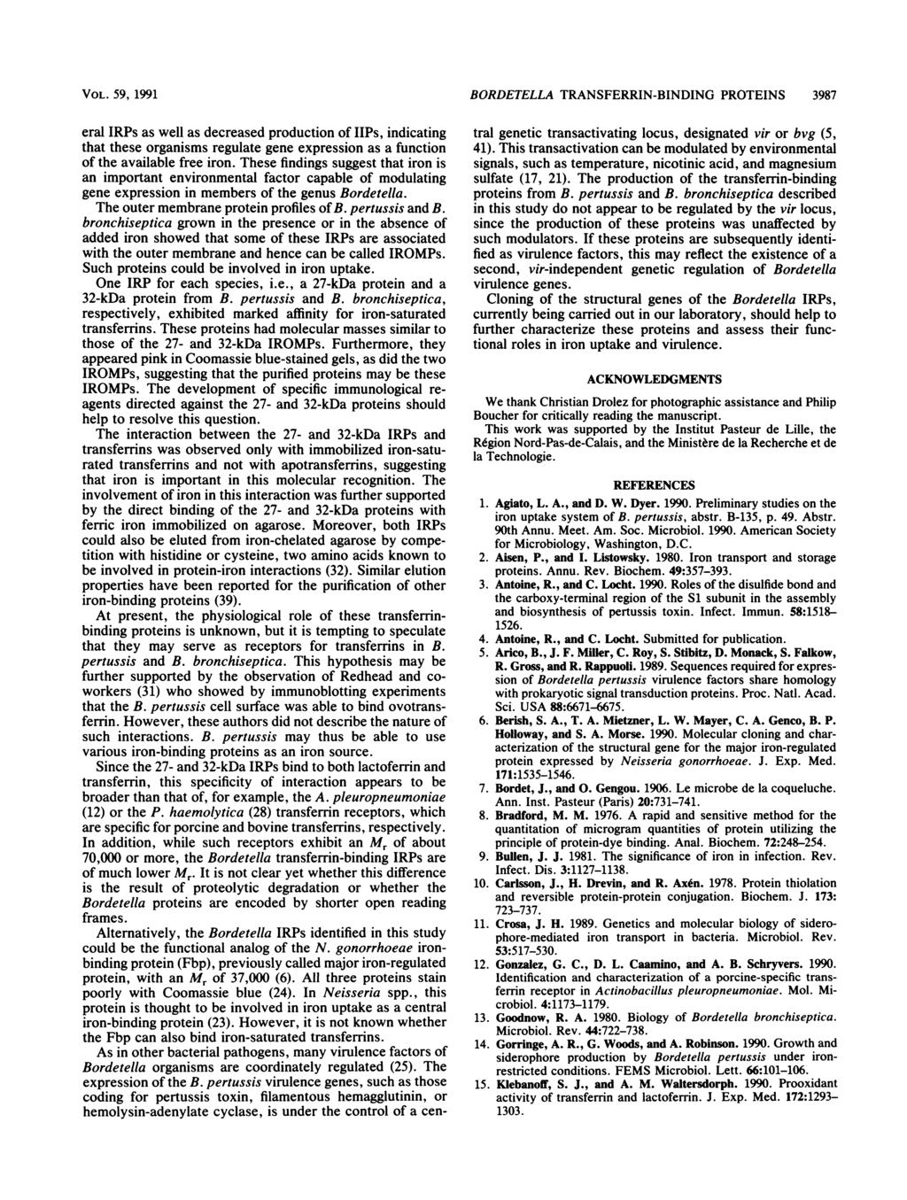 VOL. 59, 1991 eral IRPs as well as decreased production of IIPs, indicating that these organisms regulate gene expression as a function of the available free iron.