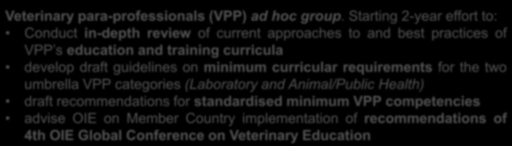 for the two umbrella VPP categories (Laboratory and Animal/Public Health) draft recommendations for standardised minimum VPP competencies advise OIE on Member Country implementation of