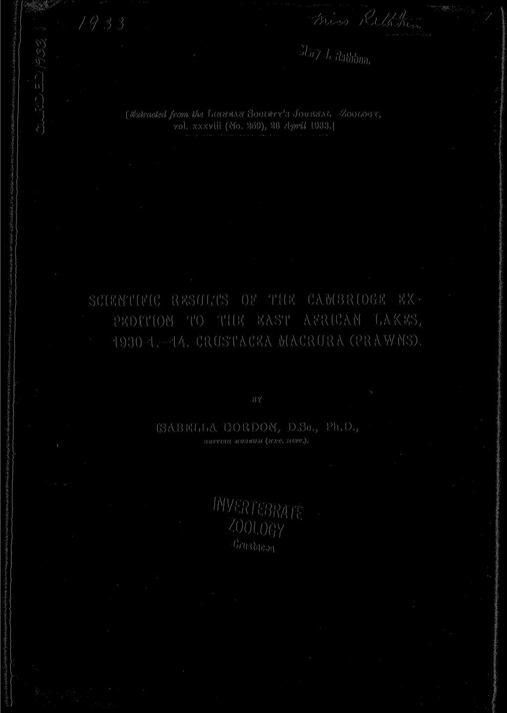 Q id Q Rathbun, [Extracted from the LINNEAN SOCIETY'S JOURNAL ZOOLOGY, vol. xxxviii (No. 259), 26 April 1933.
