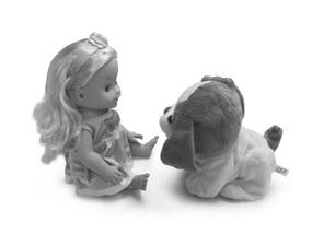 Press the bow button on the doll or the head or back button on the dog to interactive play.