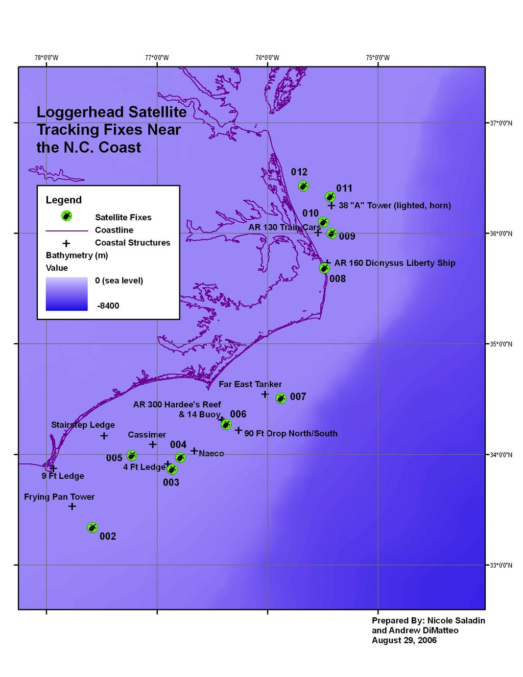 Map indicates location of foraging and overwintering sites for satellite-tagged turtles, as well as dive sites and features to