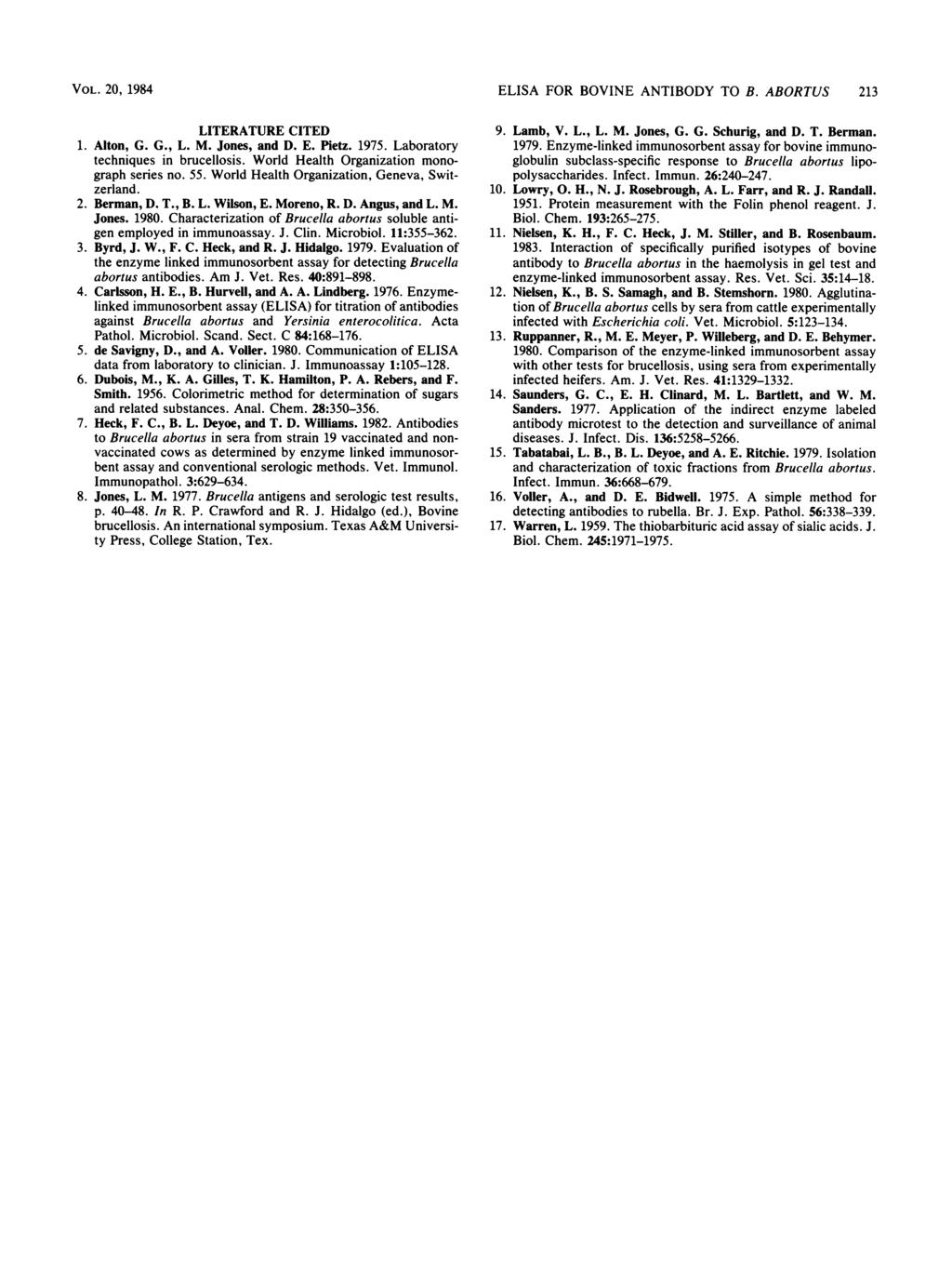 VOL. 20, 1984 LITERATURE CITED 1. Alton, G. G., L. M. Jones, and D. E. Pietz. 1975. Laboratory techniques in brucellosis. World Health Organization monograph series no. 55.